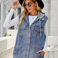 Drawstring Hooded Sleeveless Denim Top with Pockets